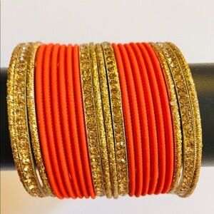 Pakistani Indian coral and gold metal bangles set